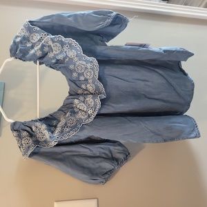 Time and Tru Denim Blue Floral Ruffle Blouse